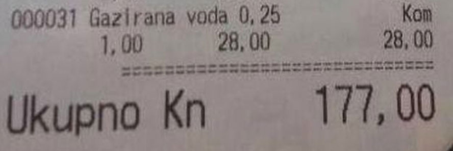 Račun koji je šokirao regiju: Gazirana voda 28, a Cappuccino 31 kunu